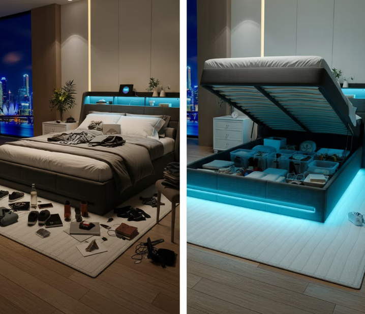 Lit Coffre – Capitonné avec Rangement Hydraulique, LED et USB