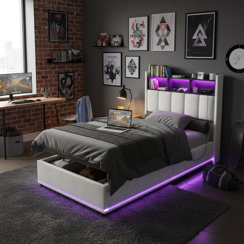 Lit Coffre Enfant – LED et USB, Rembourré avec Rangement