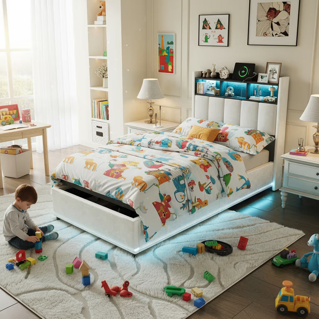 Lit Coffre Enfant – LED et USB, Rembourré avec Rangement