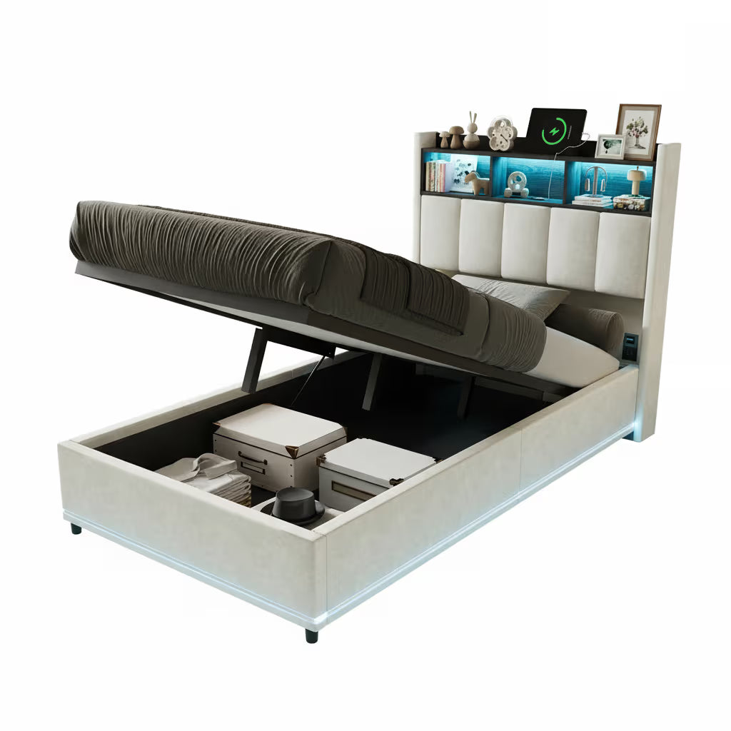 Lit Coffre Enfant – LED et USB, Rembourré avec Rangement