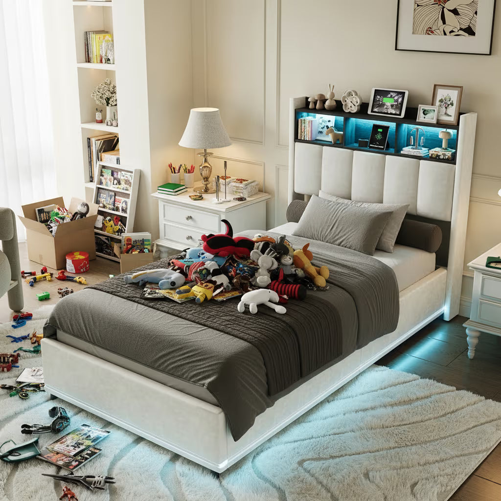 Lit Coffre Enfant – LED et USB, Rembourré avec Rangement