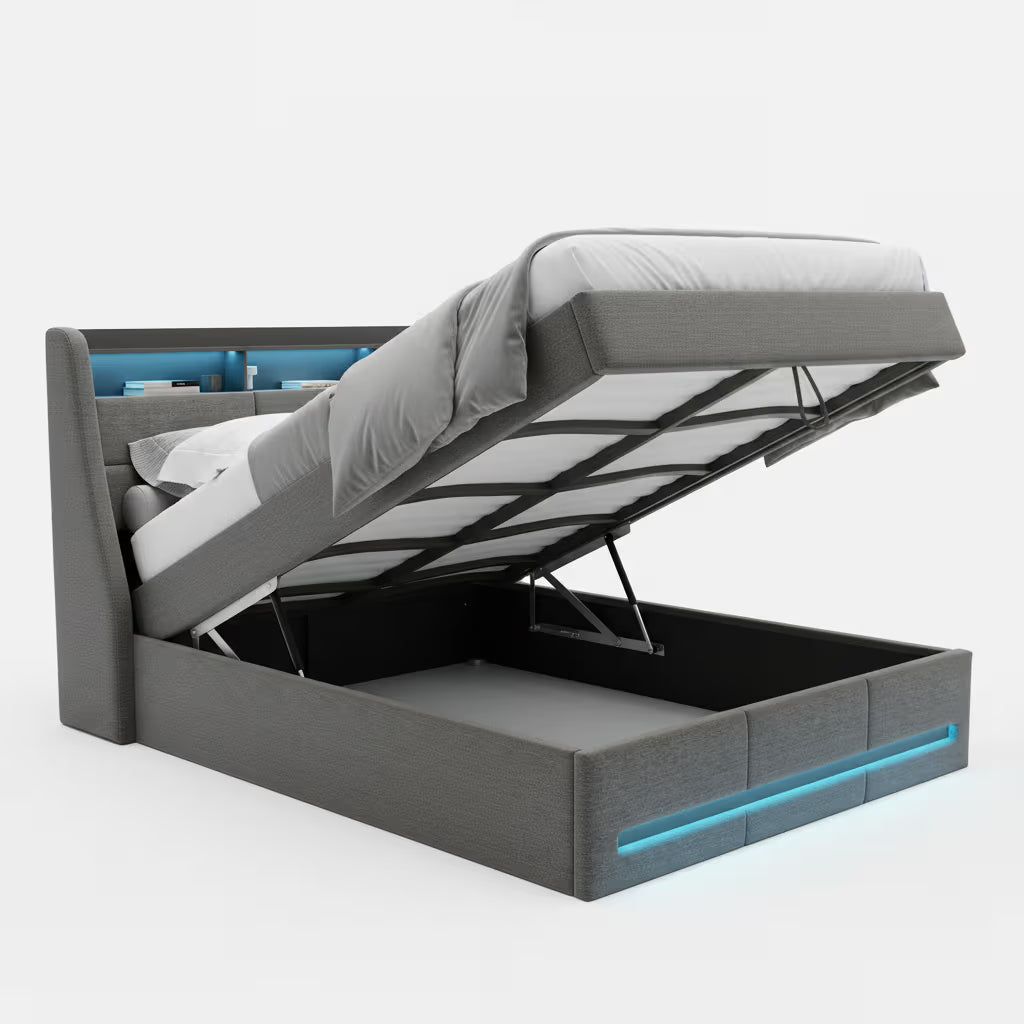 Lit Coffre – Capitonné avec Rangement Hydraulique, LED et USB