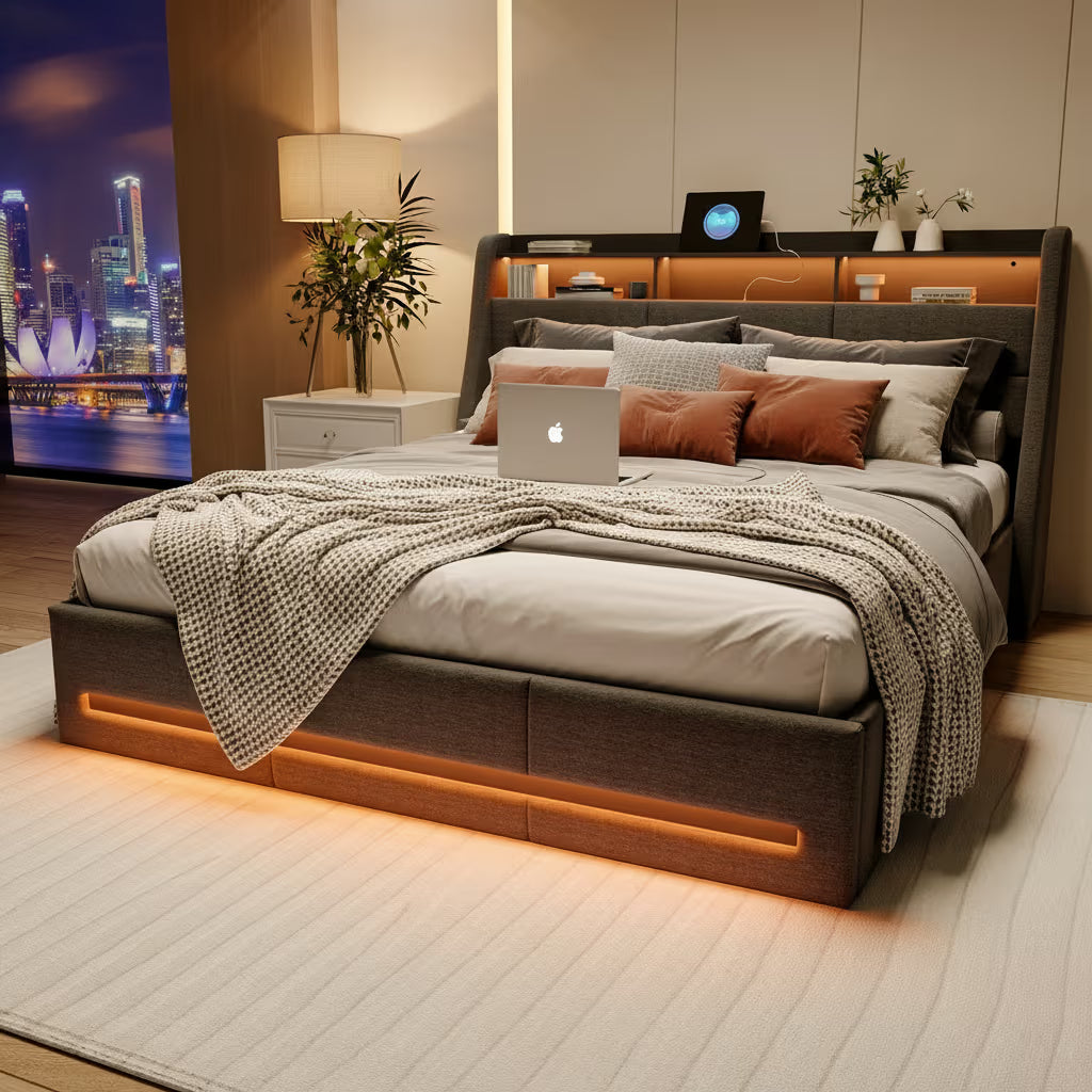 Lit Coffre – Capitonné avec Rangement Hydraulique, LED et USB
