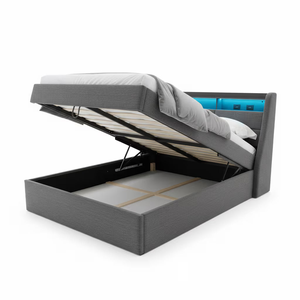 Lit Coffre – Capitonné avec Rangement Hydraulique, LED et USB