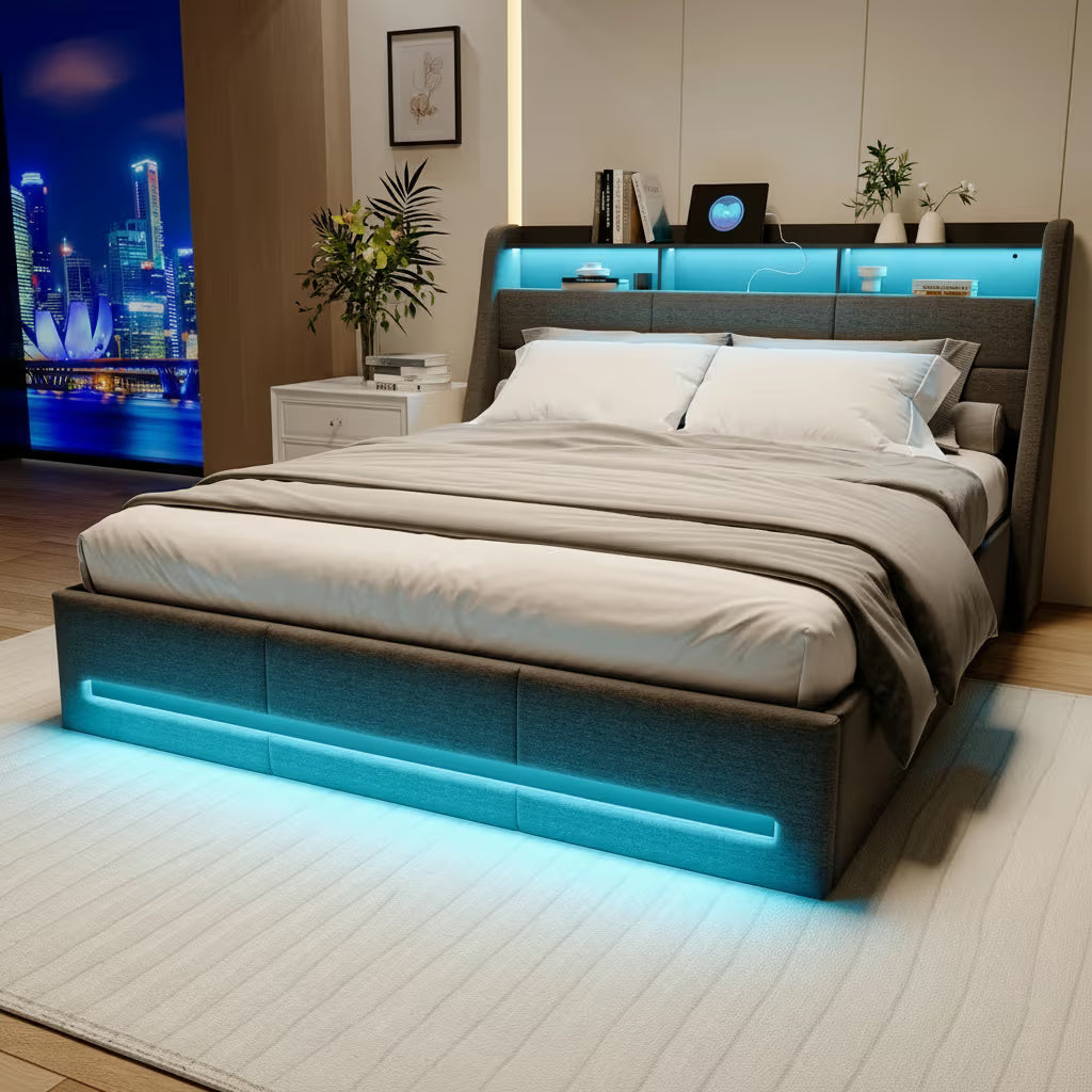 Lit Coffre – Capitonné avec Rangement Hydraulique, LED et USB