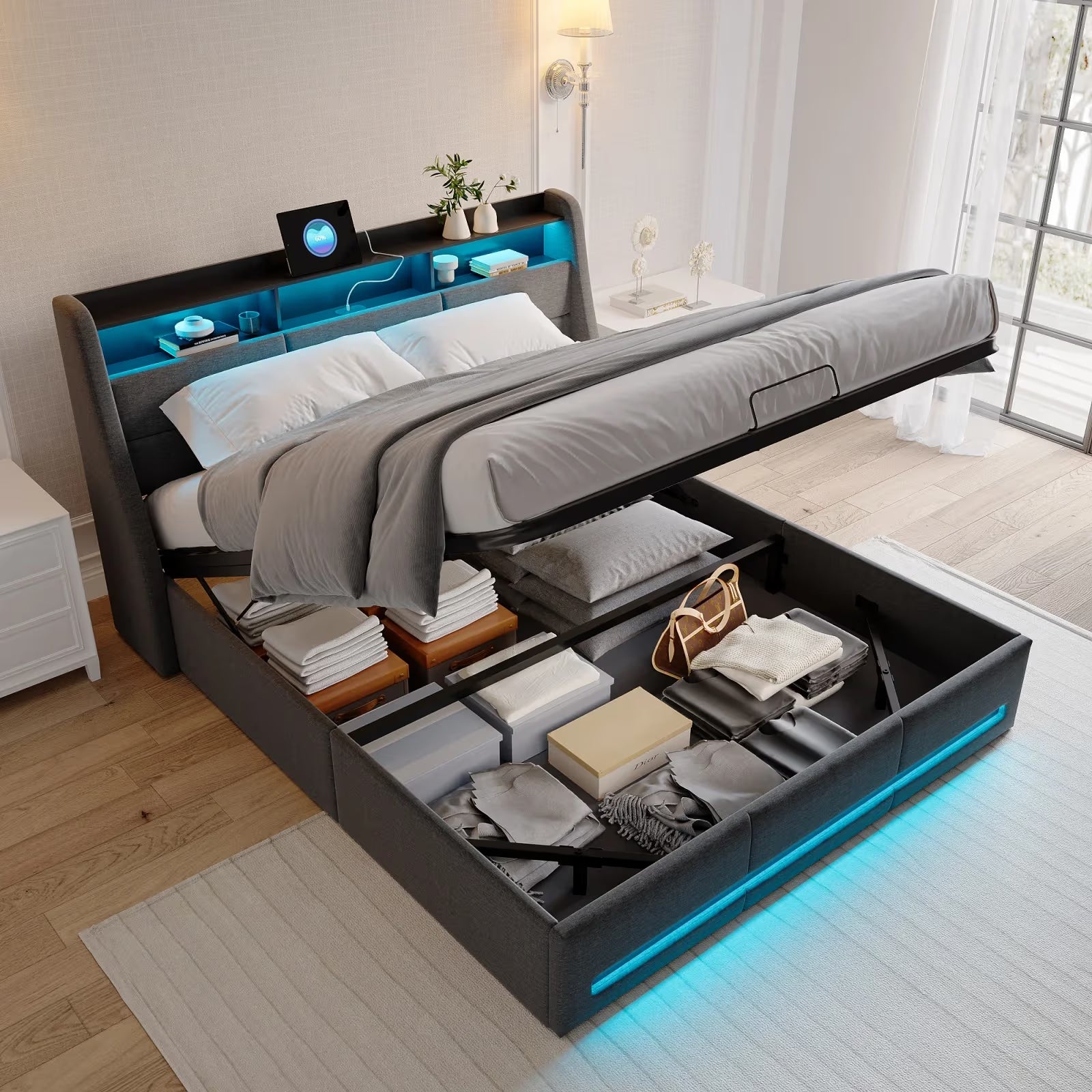 Lit Coffre – Capitonné avec Rangement Hydraulique, LED et USB