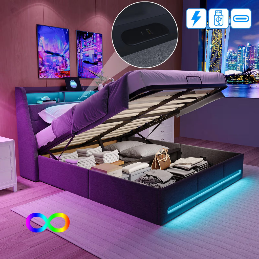 Lit Coffre – Capitonné avec Rangement Hydraulique, LED et USB