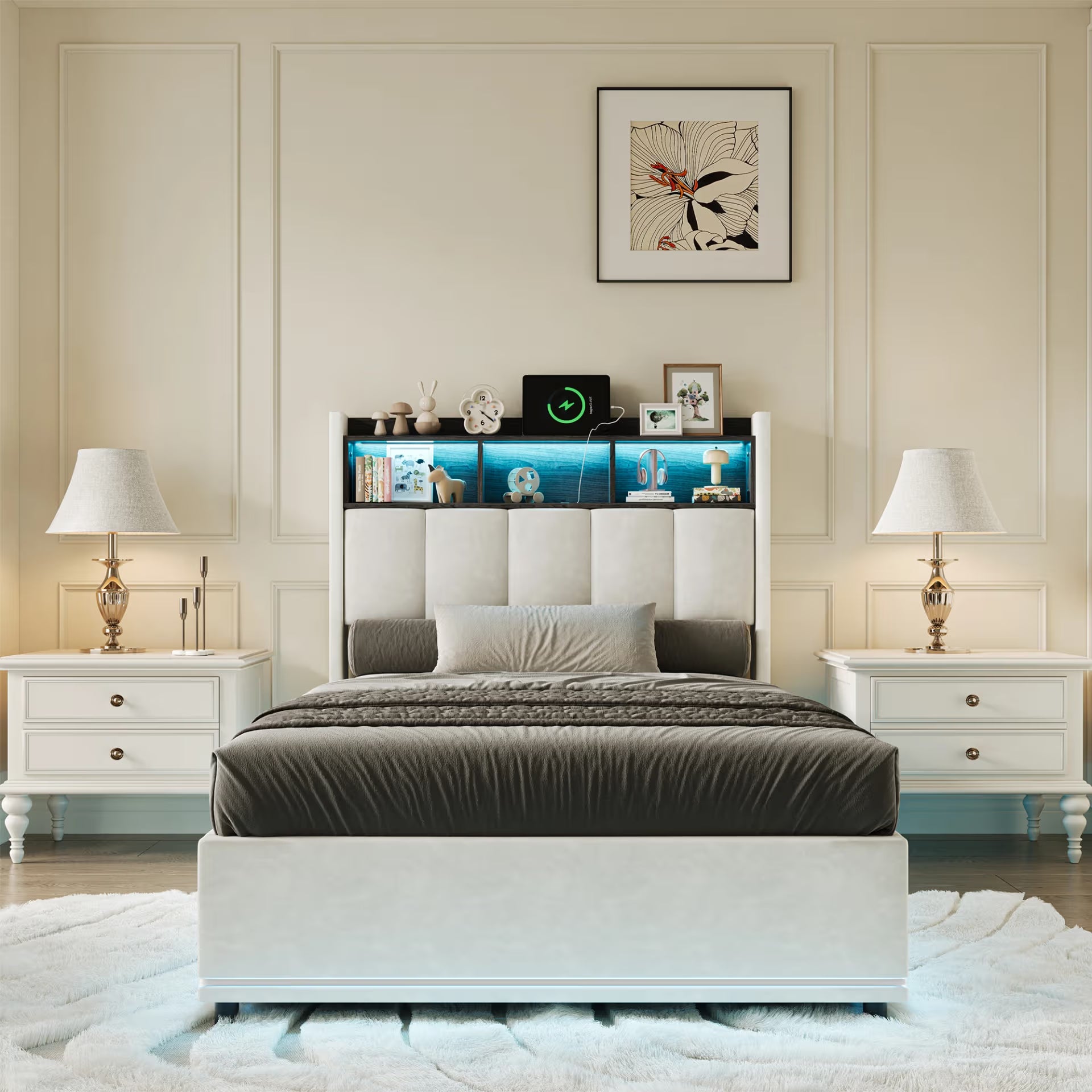 Lit Coffre Enfant – LED et USB, Rembourré avec Rangement